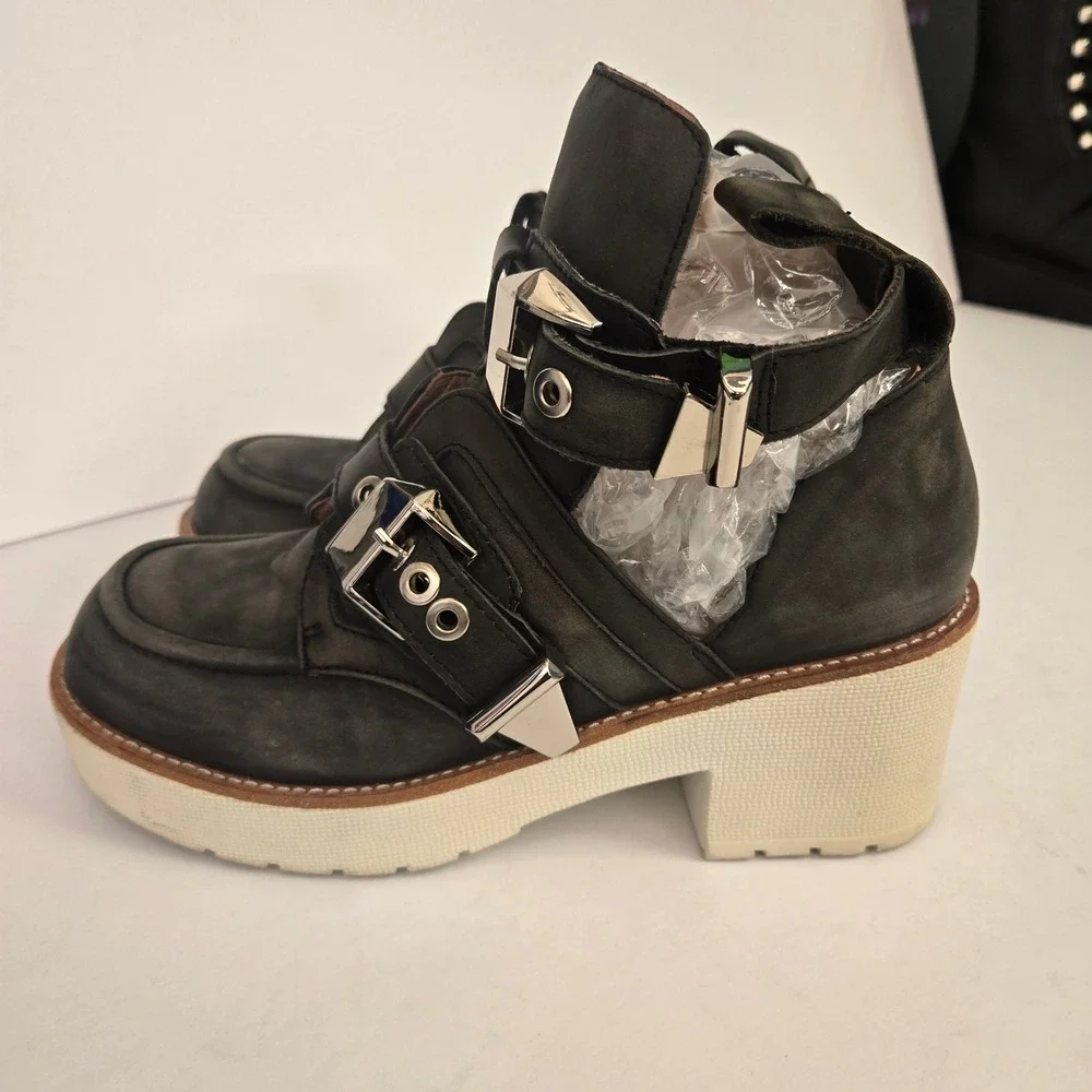 Jeffrey Campbell Coltrane Leather Buckle Platform Ankle Boots Black Women's US 6